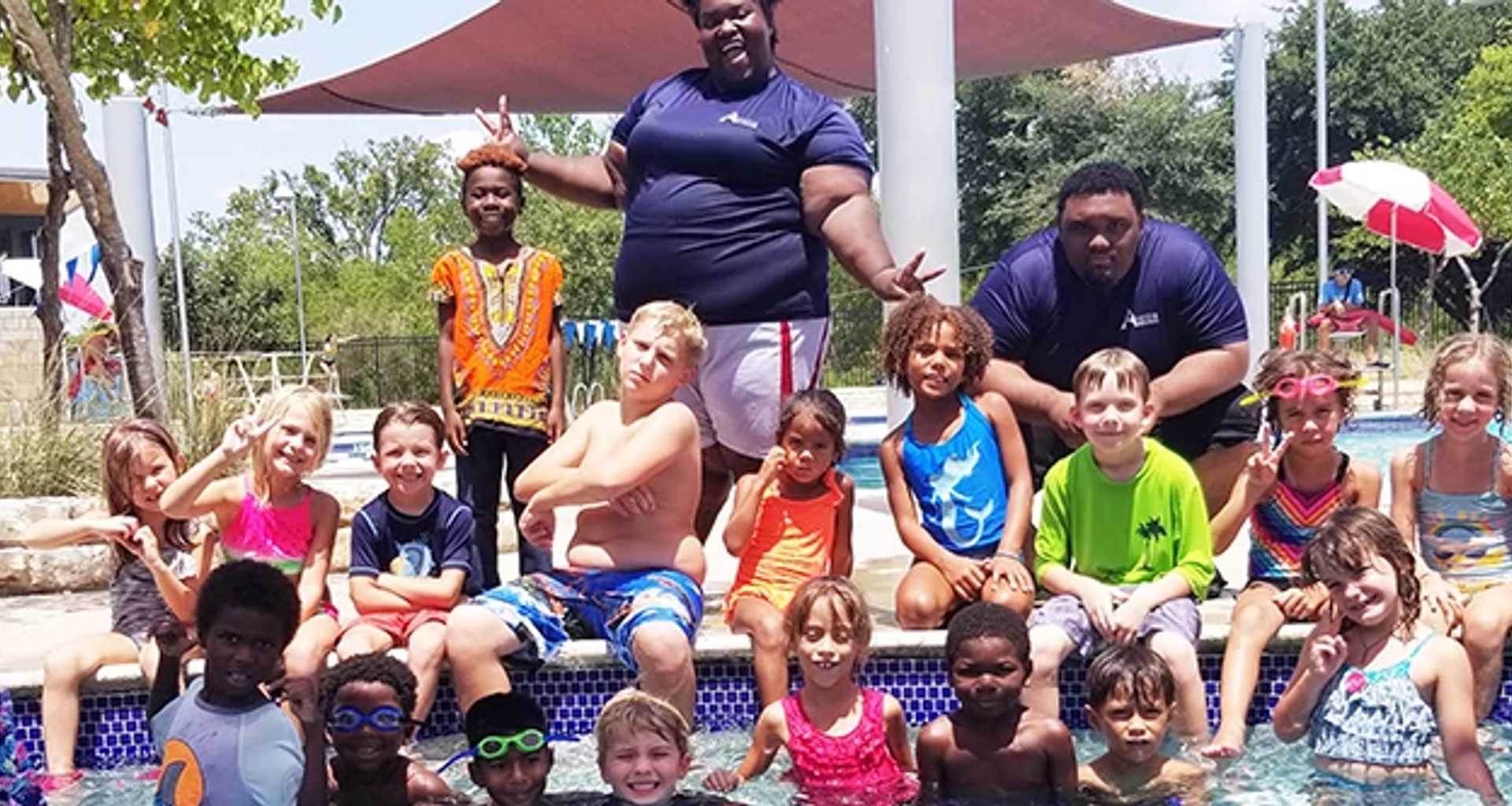 group of kids and counselors at the pool